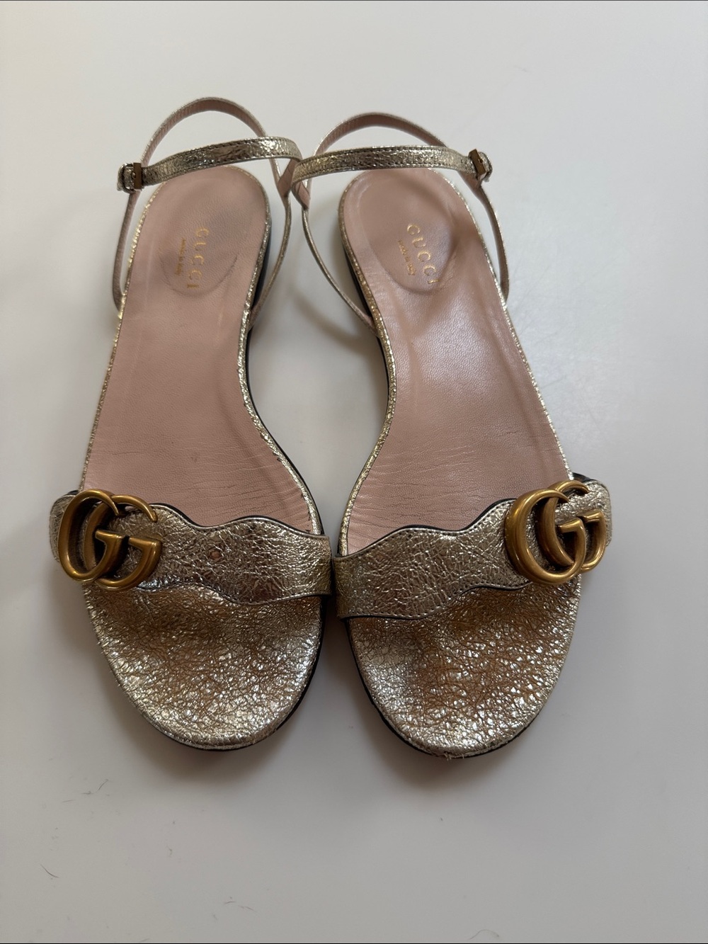Gucci Metallic Gold GG Buckle Leather Slingback Sandals